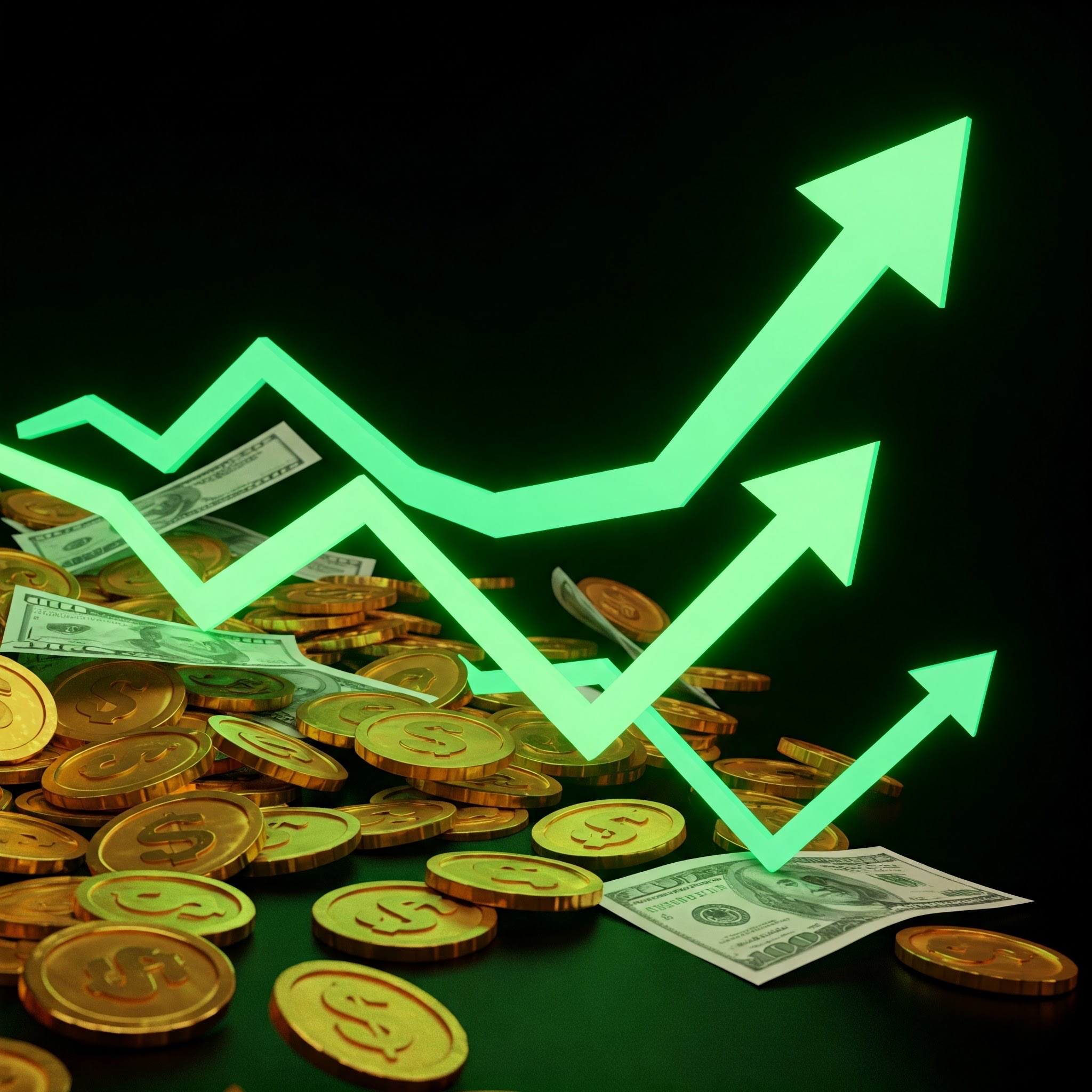 photo of Rising Green Arrows Over Coins and Bills
